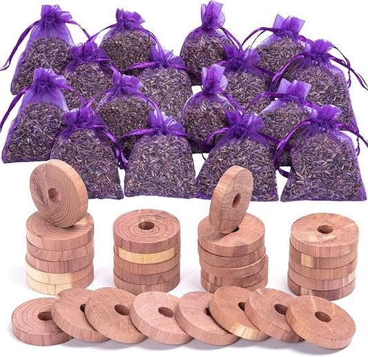 Pack of 30 Cedar Blocks and 16 Lavender Flower Sachets Craft Bag, Drawer by LavandeSurTerre