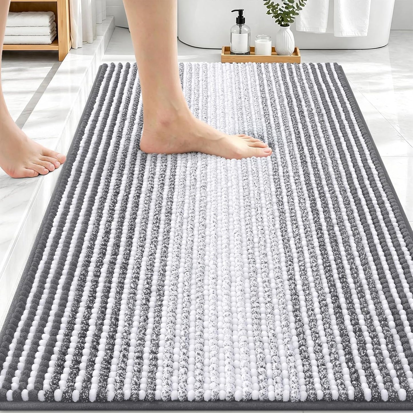 OLANLY Bathroom Rugs 30x20, Extra Soft Absorbent Chenille Striped Bath Rugs, Rubber Backing, Machine Wash Dry, Bath Mats for Bathroom Floor, Tub and Shower, Home Decor Accessories, Grey