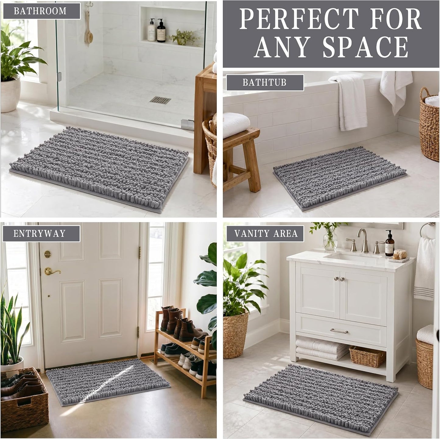 Yimobra Bathroom Rugs Non-Slip Washable – Extra Soft & Absorbent Chenille Bath Mat, Quick-Dry Plush Shaggy Floor & Vanity Bath Rugs for Tub & Shower, Modern Home Decor Accessories, 24 x 17, Grey