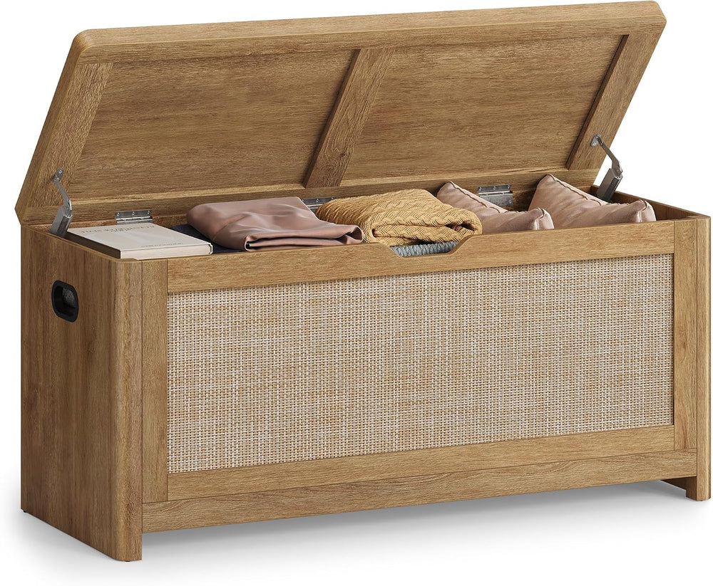 VASAGLE Boho Storage Bench with Rattan Look, Rounded Corners
