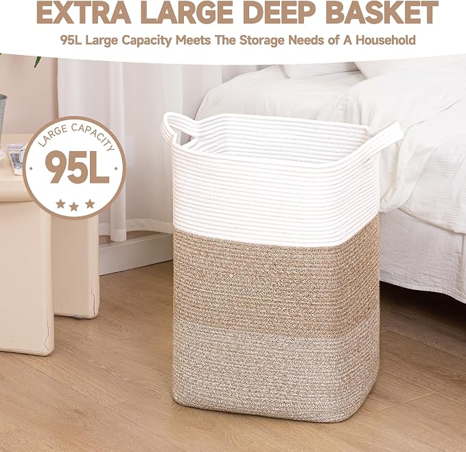 CLHMILY&Z 95L Laundry Basket Rectangular Brown Rope - Image 4
