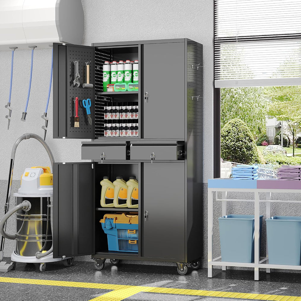 71-Inch Garage Storage Cabinet with 2 Drawers, Pegboard and Wheels
