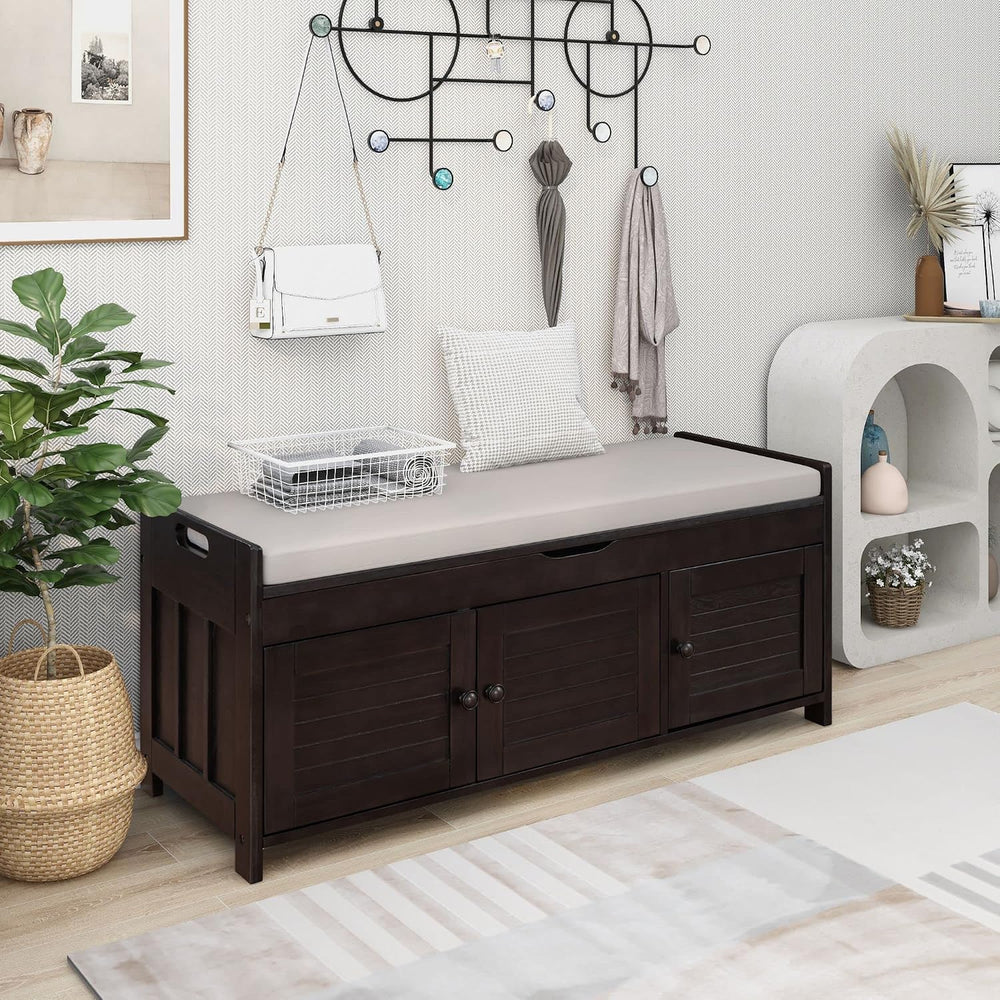 Shoe Storage Bench with 3 Shutter-Shaped Doors, Pine Wood Shoe Bench with Rem...
