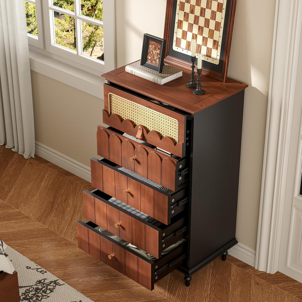 Vintage Wooden Storage Unit with Solid Wood Drawer Fronts and Rattan Accent, ...