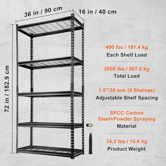 VEVOR Storage Shelving Unit, 5-Tier Adjustable, 2000 lbs Capacity, Heavy Duty - Image 3