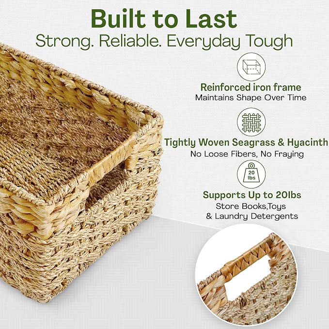 Medium Wicker Basket for Storage, Seagrass and Hyacinth Woven Baskets for Décor - Image 4