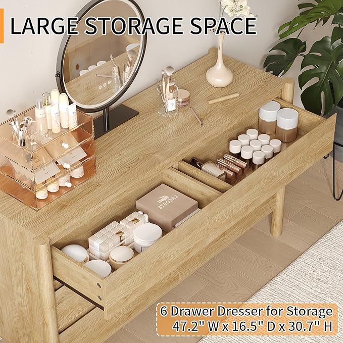 Dresser for Bedroom with 6 Drawers, Wooden TV Stand, Closet Clothes Organizer - Image 5