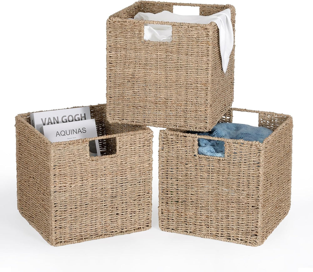 10.5 x 10.5in Seagrass Storage Baskets Set of 4, Cube Foldable Woven Storage ...
