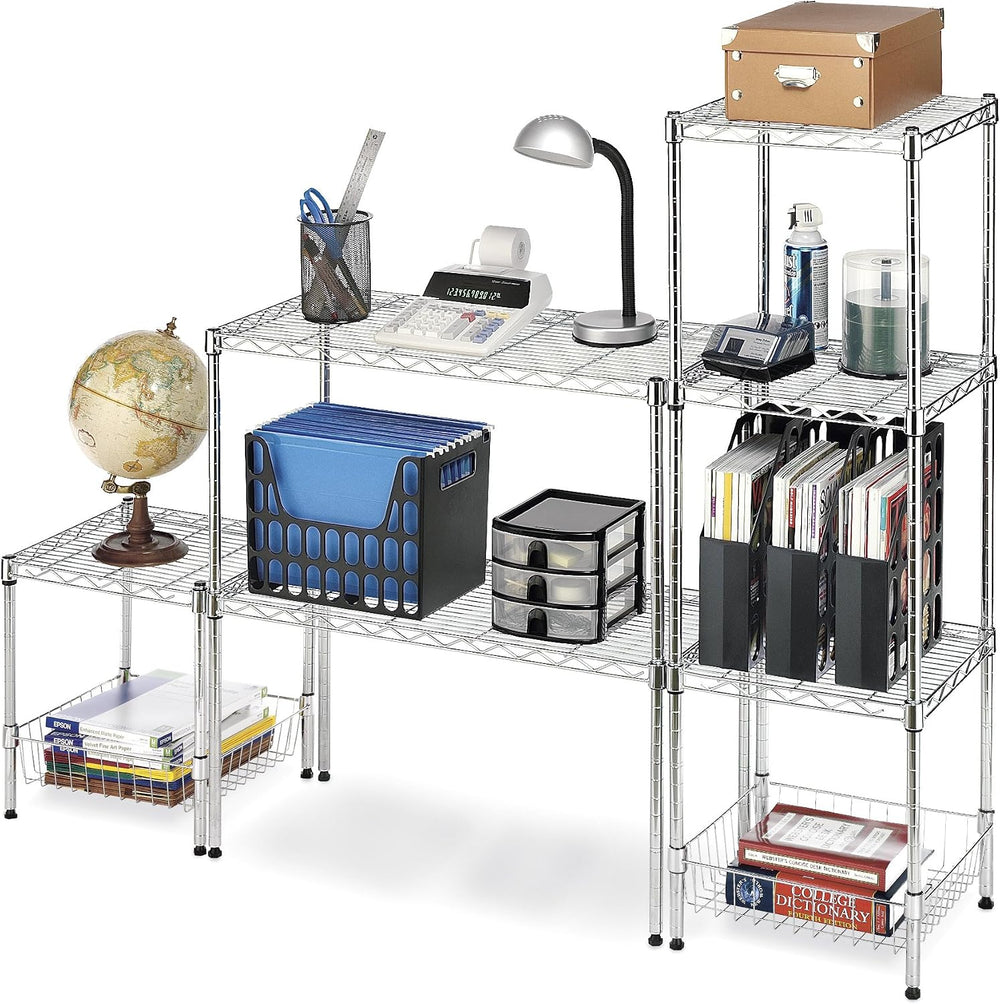 Whitmor 2-Wire Shelving Unit, Metal Storage Shelves, Stacking Shelf with Bask...