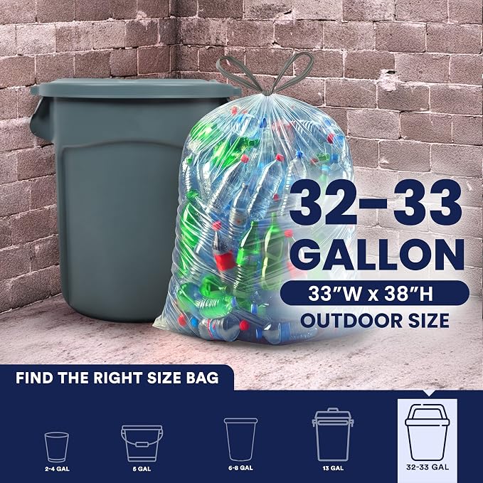 Plasticplace 32-33 Gallon Recycling Bags │ 0.9 Mil │ Clear Drawstring Garbage - Image 3