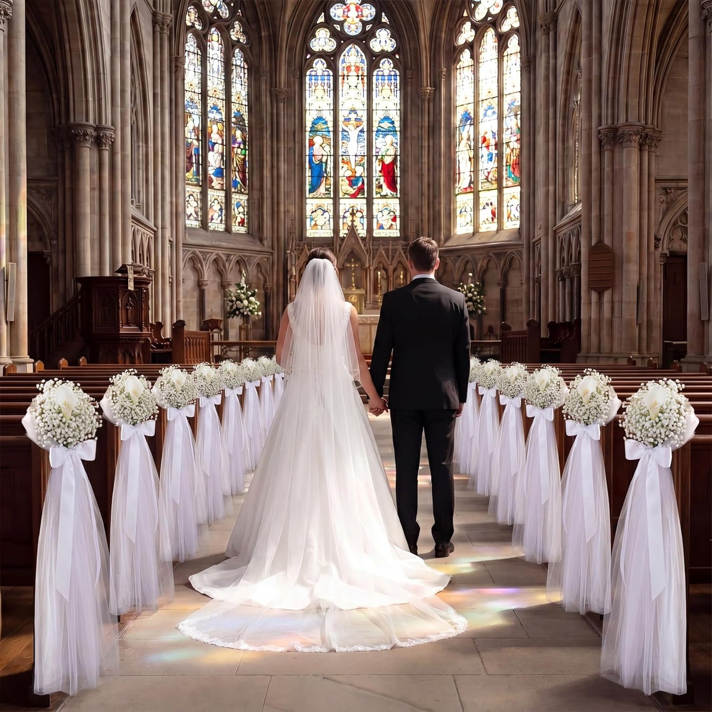 24 Set Wedding Aisle Chair Decorations Pew Flowers White Tulle Tails Chair Sashes with Ribbons and Artificial Baby's Breath for Wedding Church Ceremony Chairs Banquet Bulk (White Calla Lily)