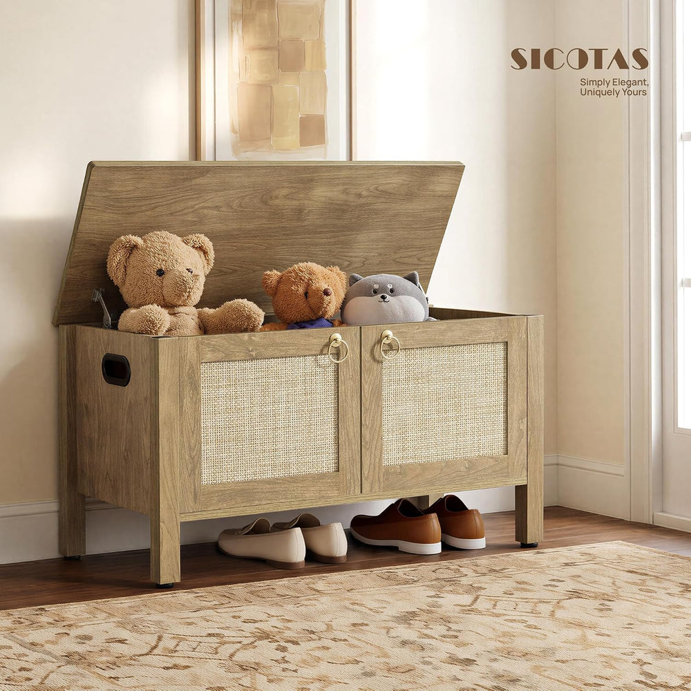SICOTAS Rattan Storage Bench Boho Storage Chest with 2 Safety Hinges