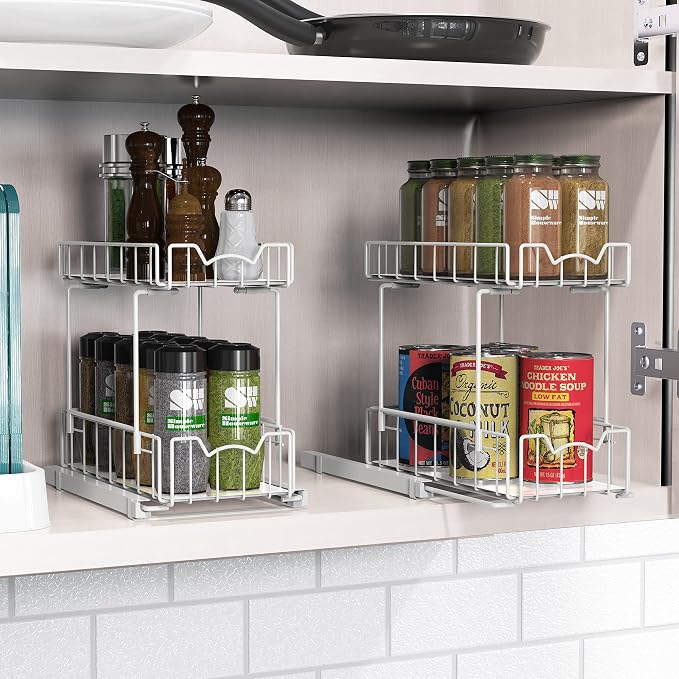 Simple Houseware 2-Tier Spice Rack Slide Out Wire Basket Drawer Organizer - Image 3