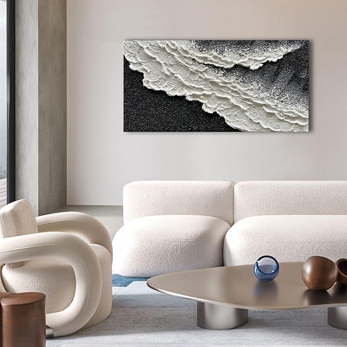 NANKAI 24x48 Inch Hand Painted 3D Ocean Wave Landscape Oil Painting Black and - Image 4