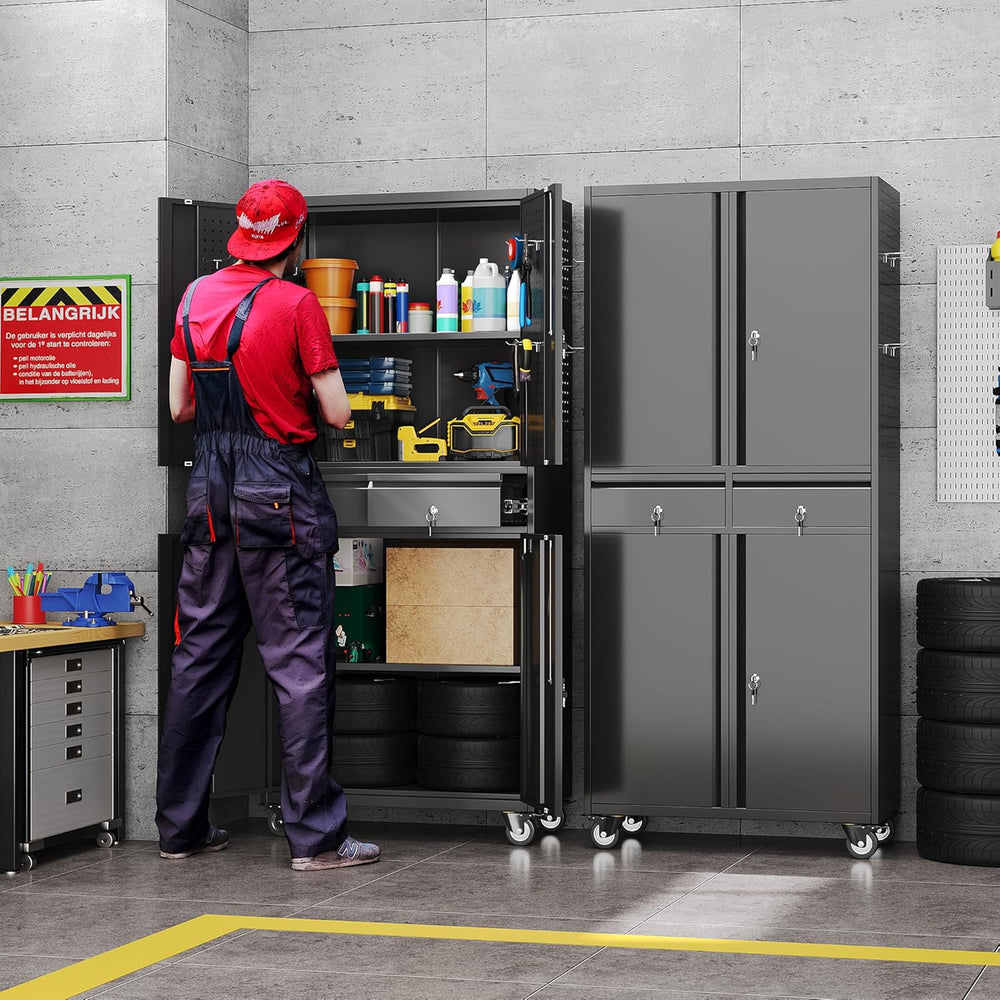 71-Inch Garage Storage Cabinet with 2 Drawers, Pegboard and Wheels