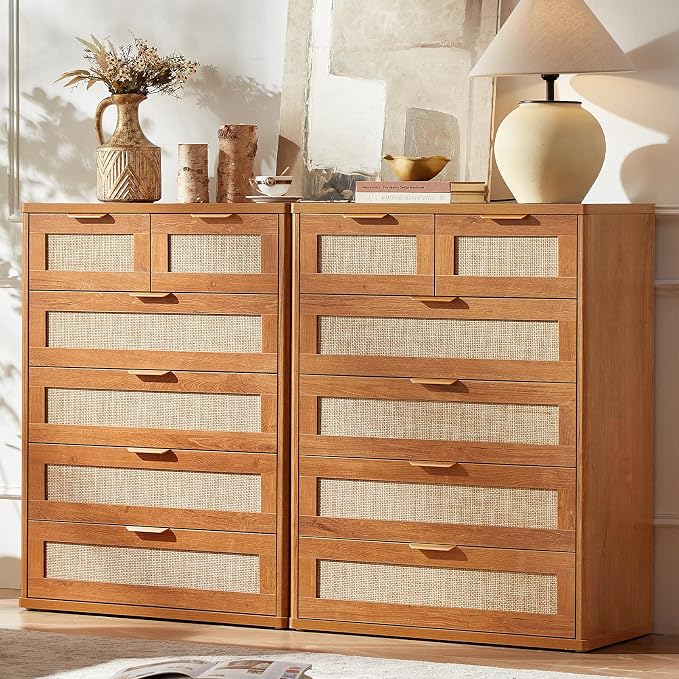 LEYAOYAO Rattan Dresser for Bedroom Set of 2, Modern 6 Drawers Boho Dressers - Image 9