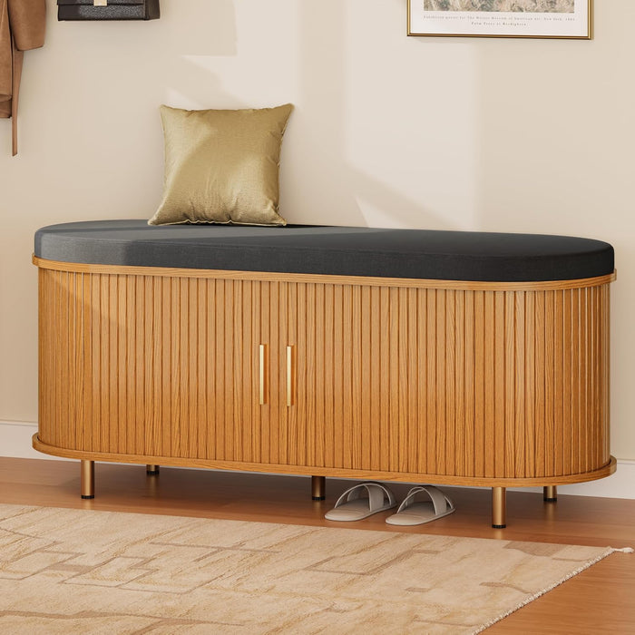 DHH 2-Tier Storage Bench,Wide Shoe Bench with Thickened Padded Seat Cushion, Mid Century Modern Fluted Sliding Door and Adjustable Shelf, for Entryway, Living Room, Bedroom (Yellow Walnut, 43.3“)