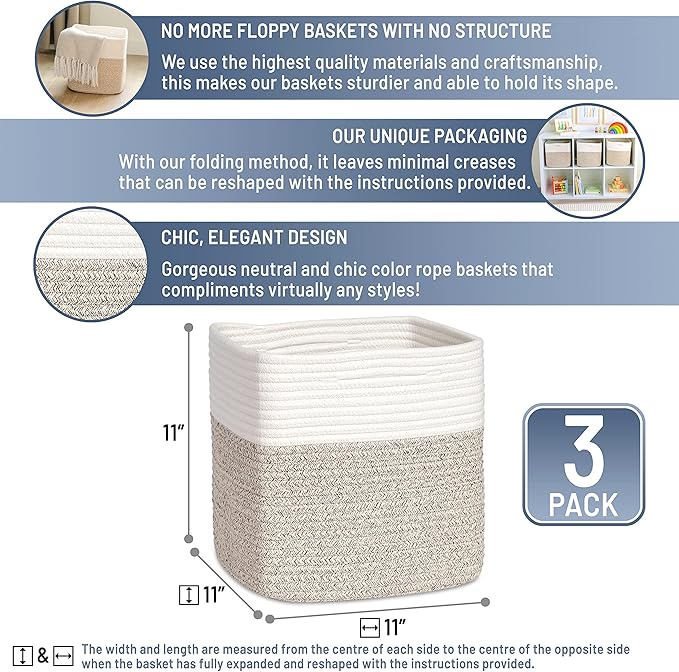NaturalCozy Storage Cubes 11 Inch Cotton Rope Woven Baskets - Image 2