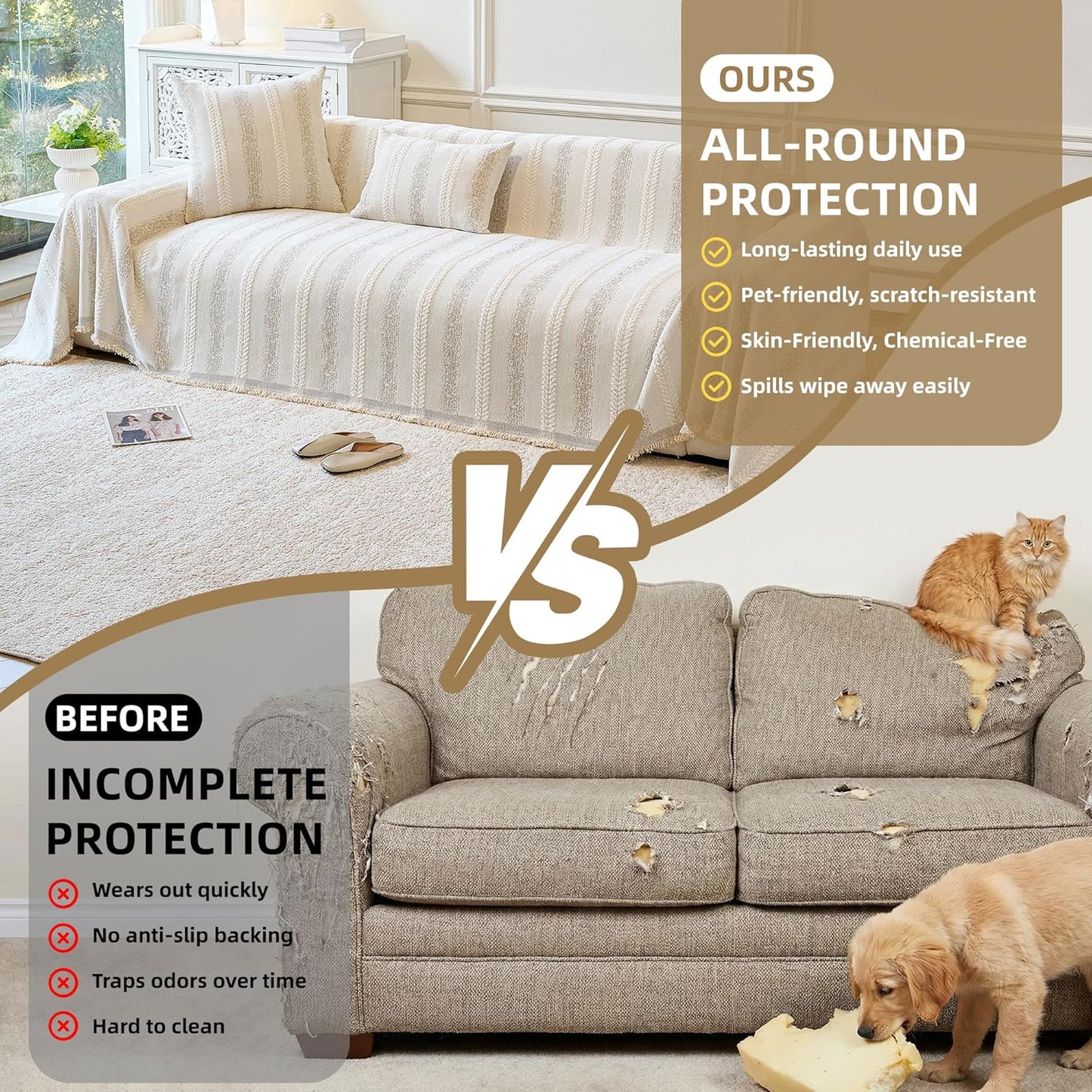 Couch Cover for Dogs Washable Sofa Cover, Sectional Couch Covers, Sofa Covers for 2 Cushion Couch, Non Slip Stripe Sofa Slipcovers Furniture Protector (Beige, 71x102)