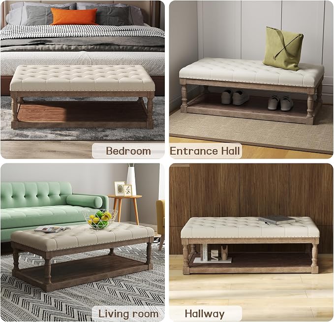 48" Large Ottoman with Storage Coffee Table, Upholstered Tufted Linen Ottoman - Image 5
