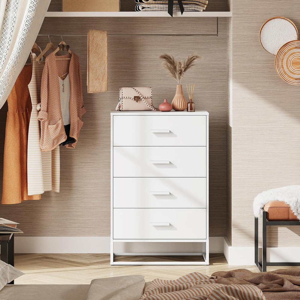 White Dresser for Bedroom with 4 Drawers, Tall Wooden Chest of Drawers with S...