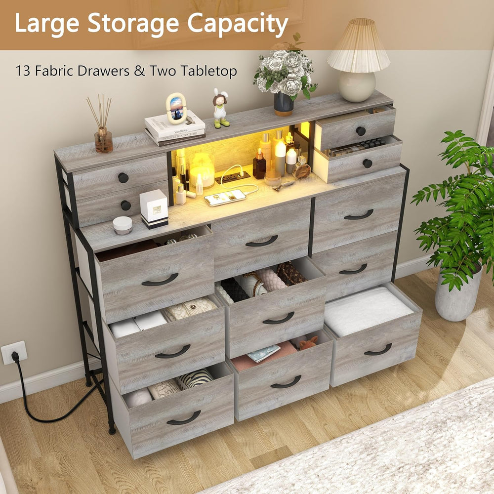 Grey Dresser with Power Outlets and LED Lights 13 Drawers Long Dresser for Be...