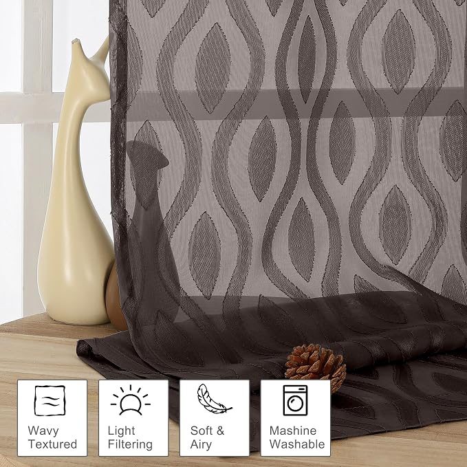 Aiyufeng Sheer Curtains 63 Inch Length 2 Panels Set, Solid Brown Light - Image 2