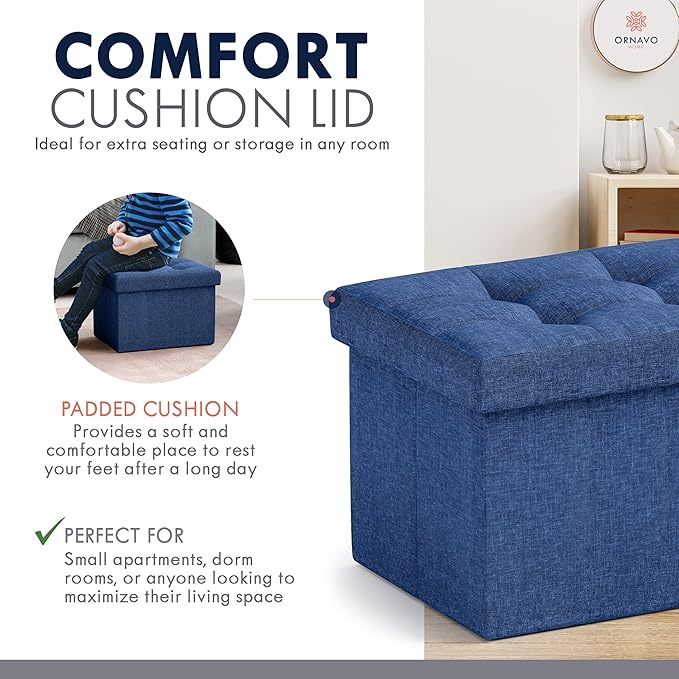 Ornavo Home Small Storage Ottoman Foldable Collapsible Rectangle Linen Ottoman - Image 6