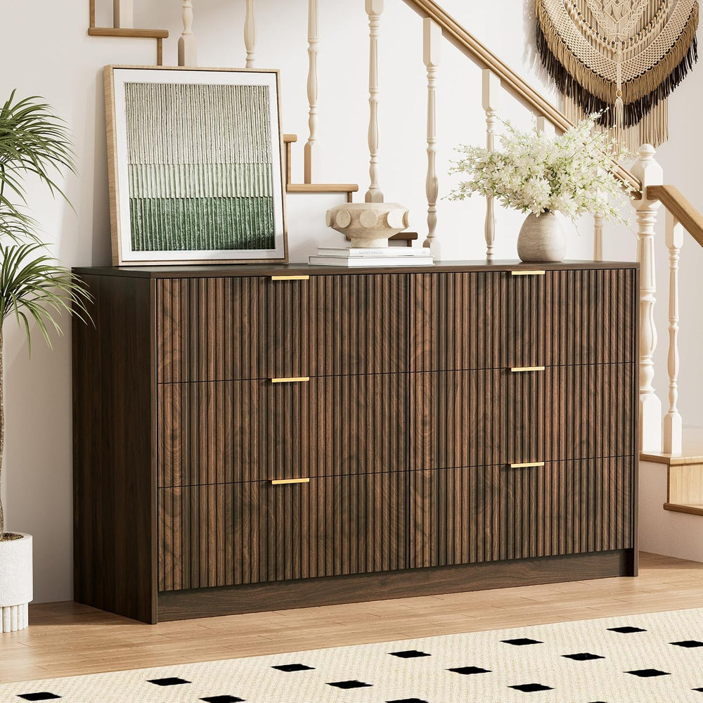 Furniway Walnut Dresser for Bedroom, Modern Dresser with 6 Drawers and Smooth...