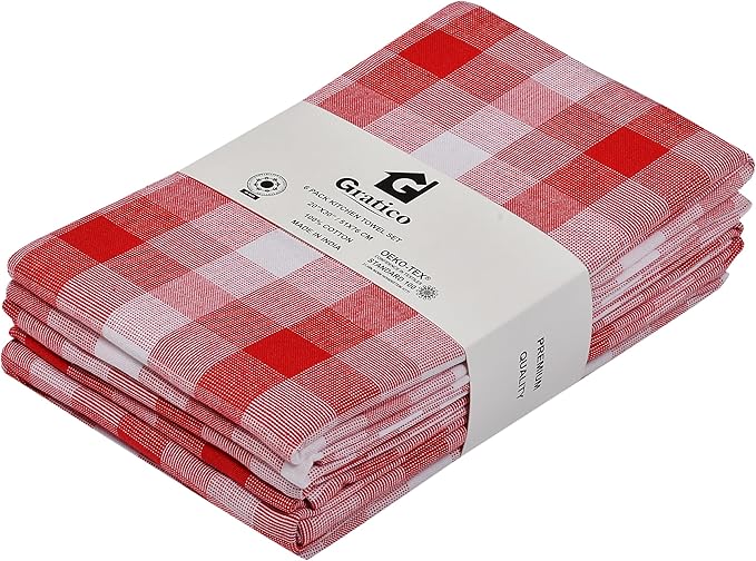 Christmas Kitchen Towels Set of 6 Red/White Checks, Reusable Cotton 20X30 - Image 8