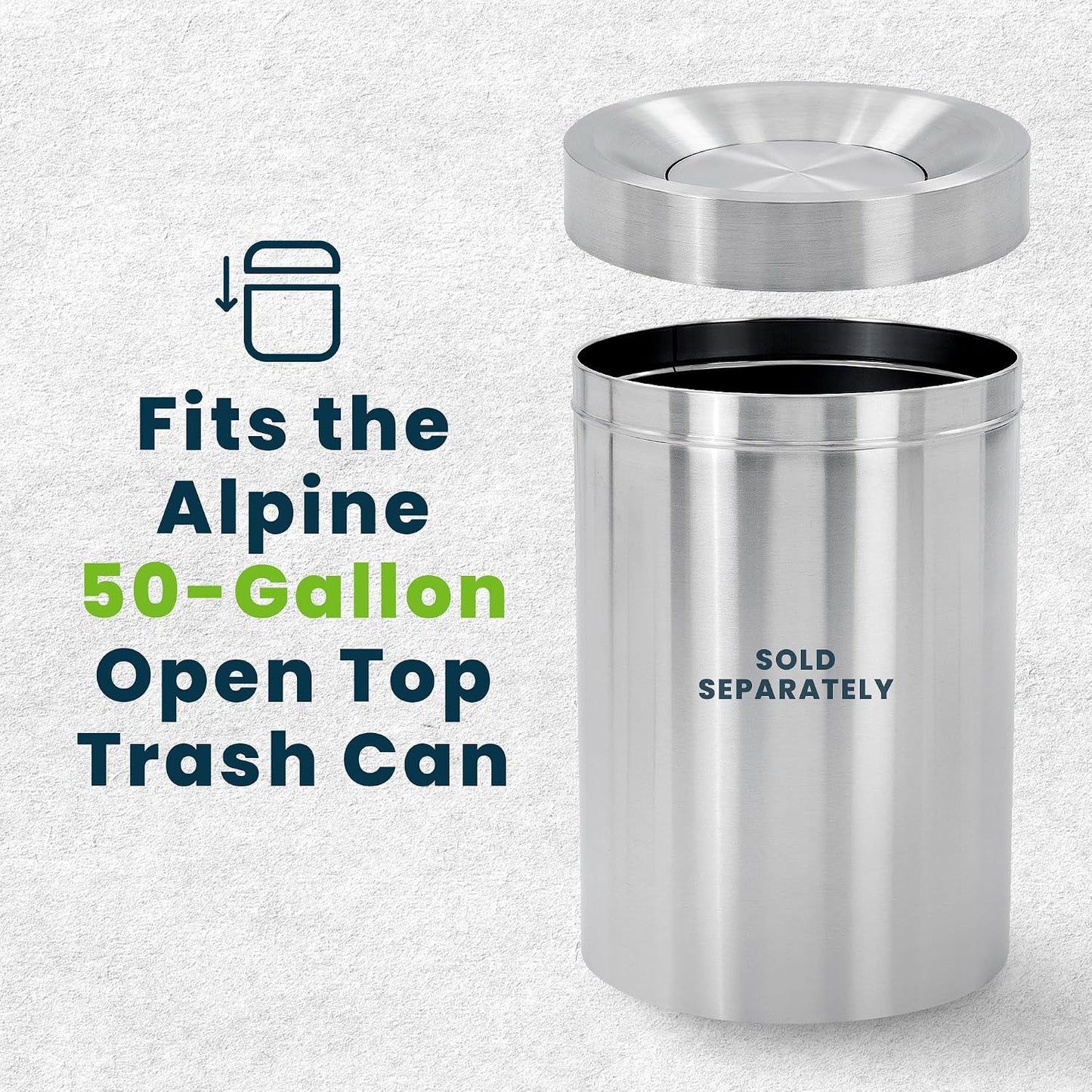 Alpine Swing Lid Commercial Stainless Steel Trash Can – Open Top 50-Gallon Heavy-Duty Garbage Can, Modern, Round, Large Waste Receptacle for Indoor Use High-Traffic Areas - Brushed Silver