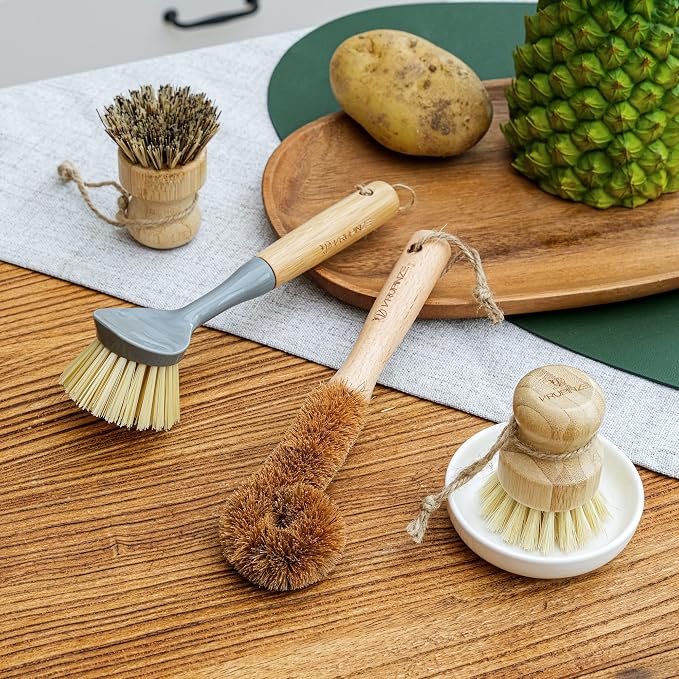 Natural Bamboo Dish Brush Bottle Scrub Brush 4-Piece Set, - Image 2