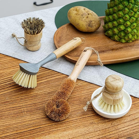 Natural Bamboo Dish Brush Bottle Scrub Brush 4-Piece Set, - Image 2