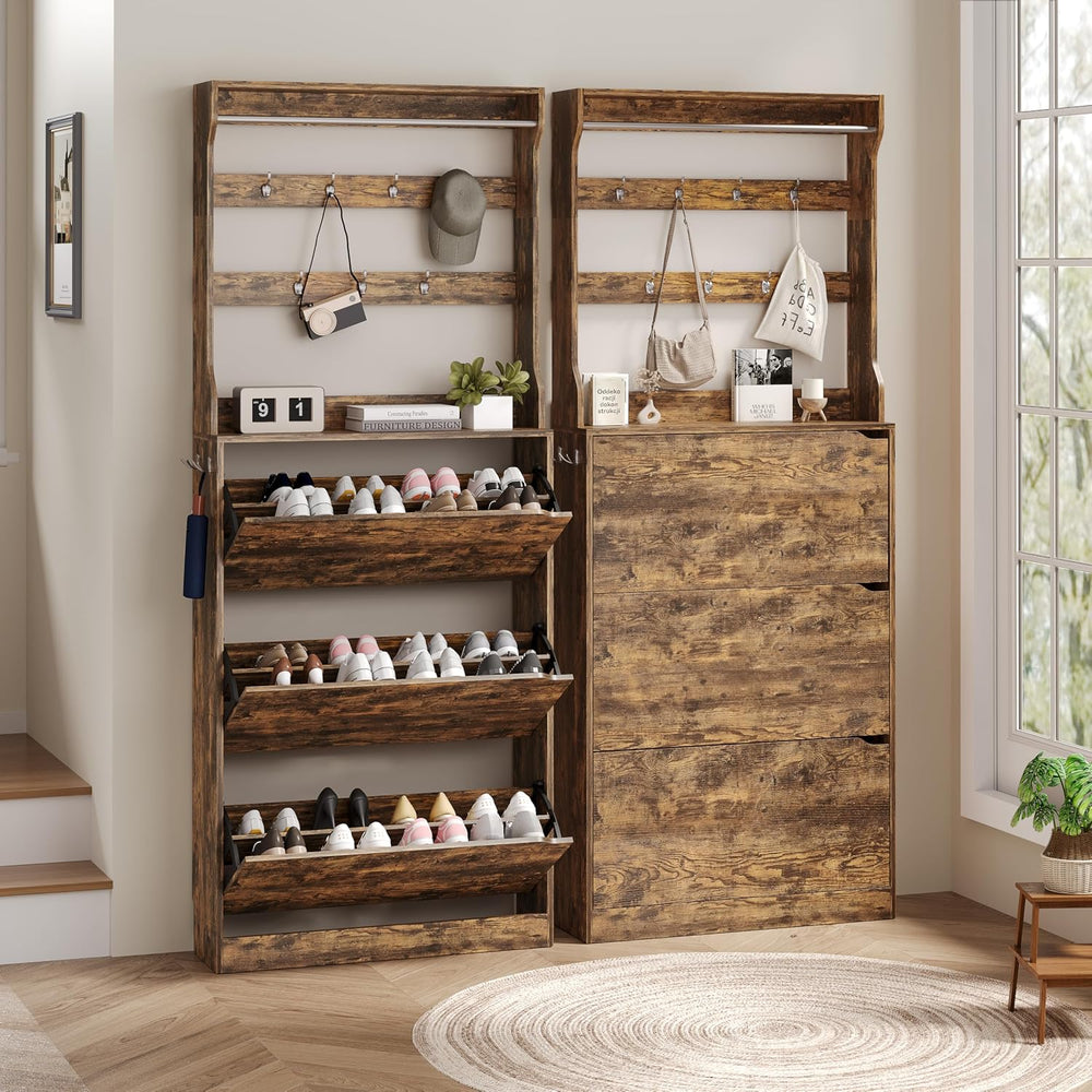 Wodeer Tall Shoe Cabinet with Coat Rack, Hidden Shoe Storage Cabinet with Doo...