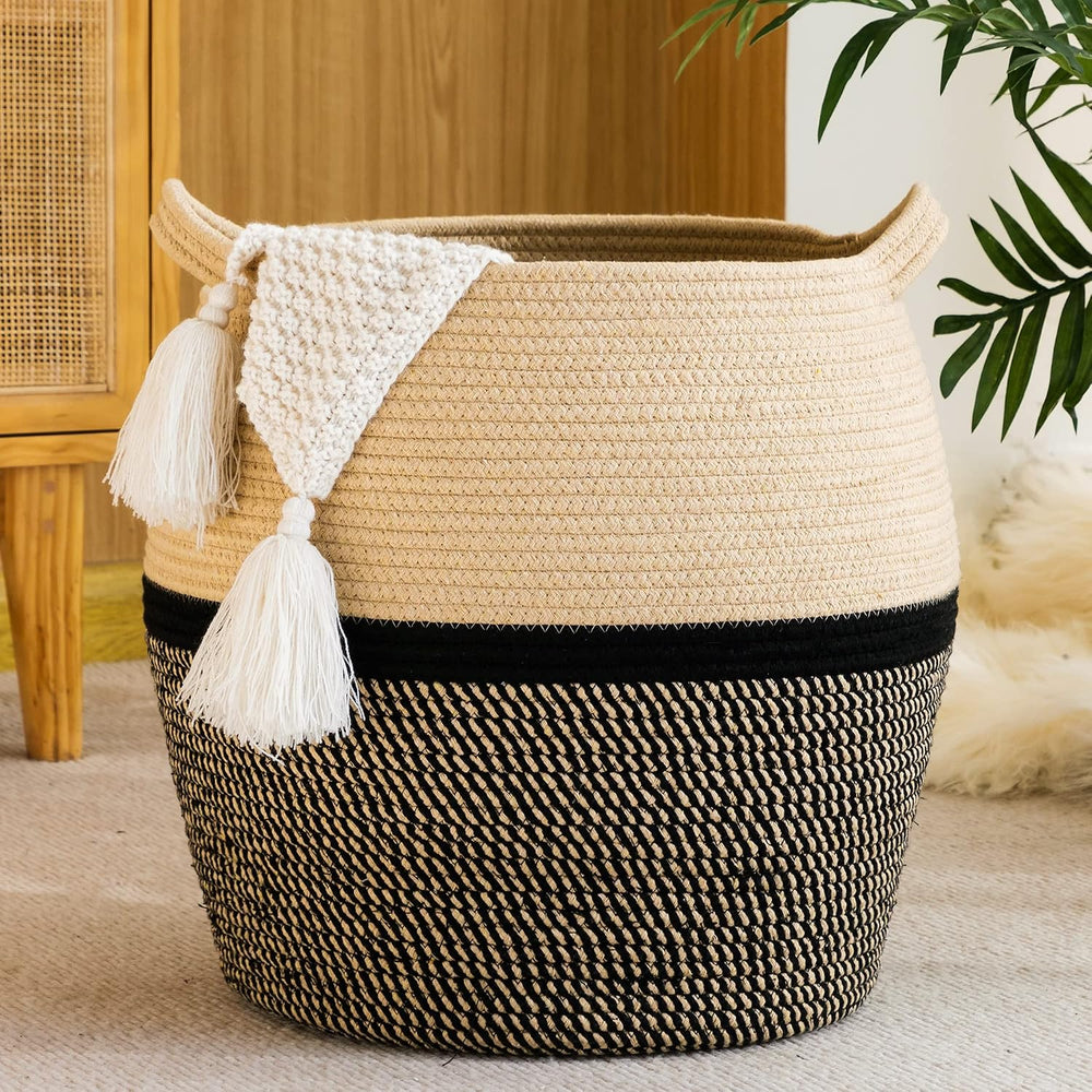 KAKAMAY Woven Cotton Rope Basket, Large Round Storage Basket, Foldable Laundr...