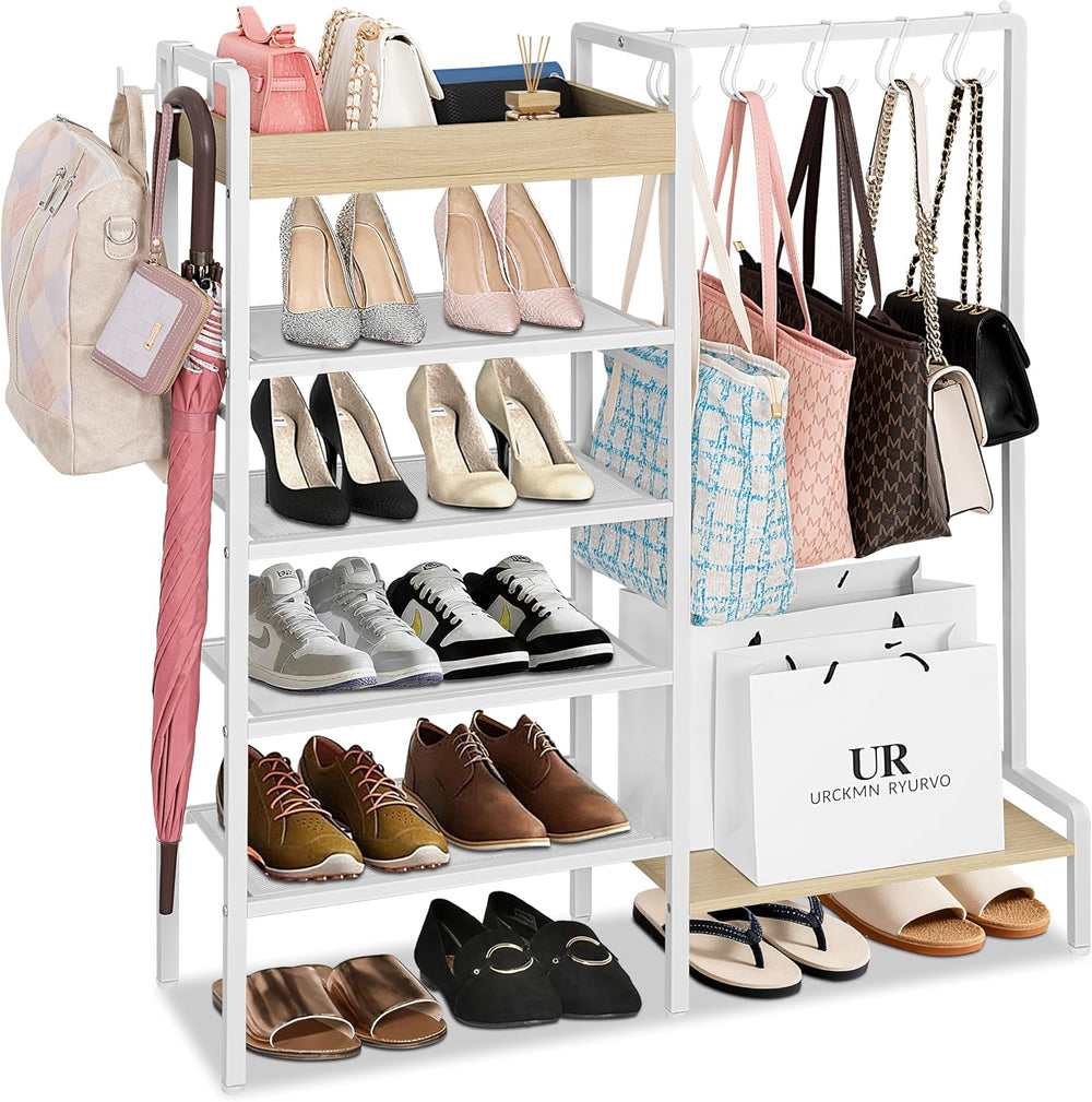 2-in-1 Shoe Rack for Closet with Purse Organizer, 5 Tier Shoes Shelf with Woo...