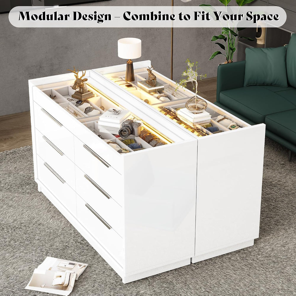 AMERLIFE 47.2" W 8-Drawer Dresser with Glass Top, High Gloss, White