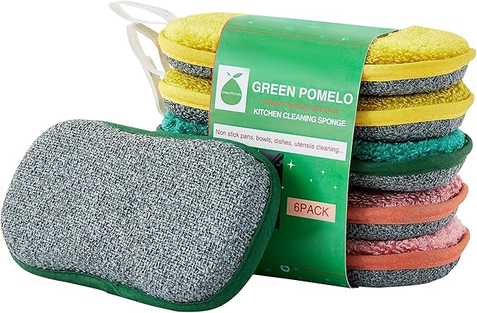 Multipurpose Sponges Kitchen, 6 Pack Reusable Non-Scratch Scrub Sponge by GREENPOMELO