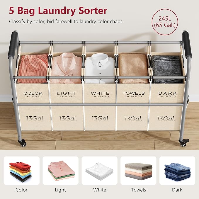 Tajsoon Laundry Sorter 5 Sections, Laundry Hamper - Image 3