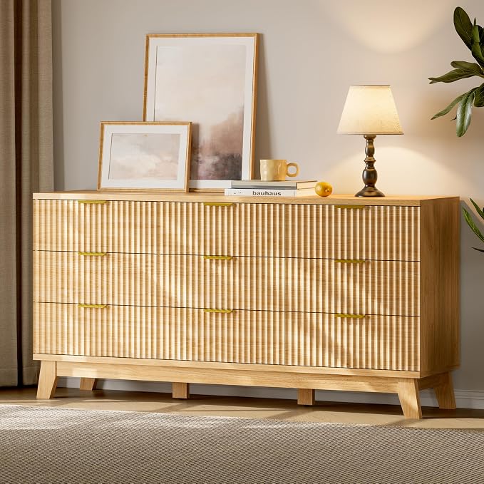 Fluted Dresser with 9 Drawers, Wooden Dresser TV Stand, Wood Closet Clothes - Image 3