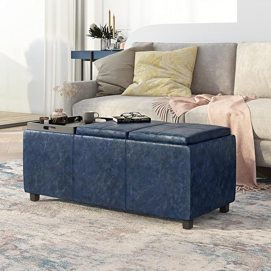 SIMPLIHOME Avalon 42 inch Wide Contemporary Rectangle Storage Ottoman in Denim - Image 2