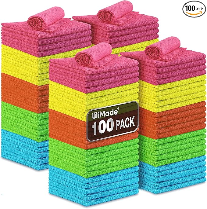 Microfiber Cleaning Cloth, 100PK Commercial Grade Work Rags Microfiber Towels by Unimade