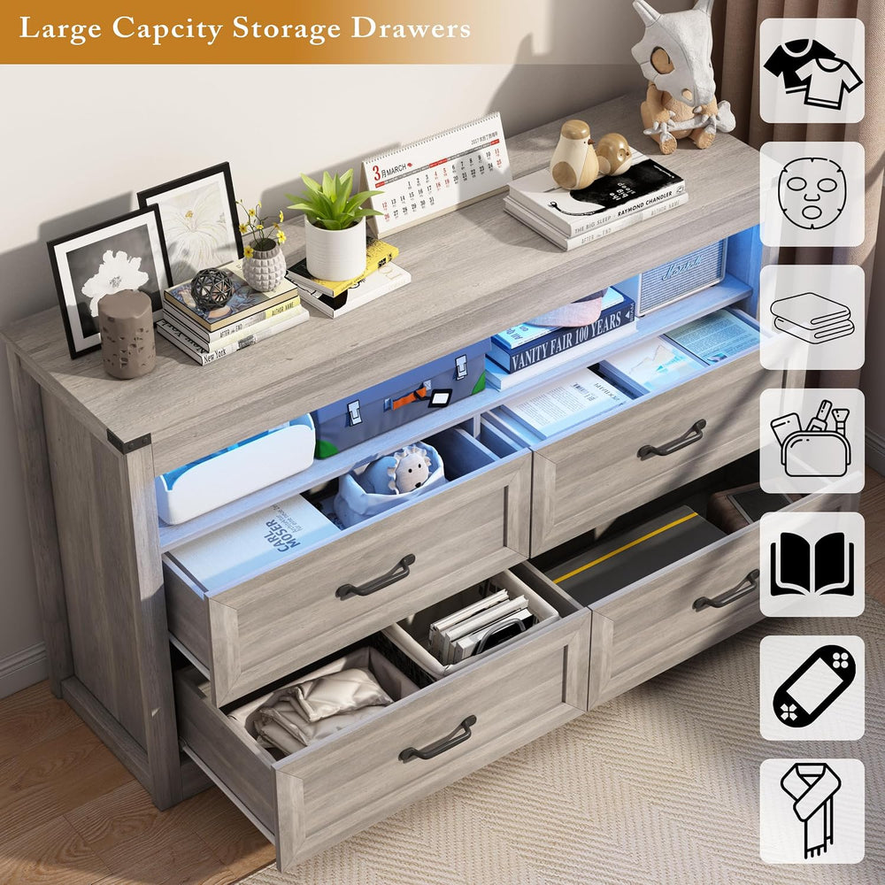 Wodeer Grey Dresser for Bedroom, Wooden 4 Drawer Dresser with LED Light, Dres...