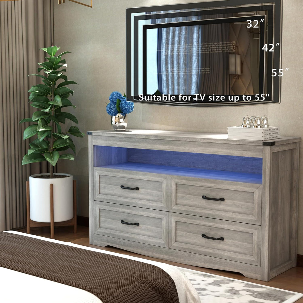 Wodeer Grey Dresser for Bedroom, Wooden 4 Drawer Dresser with LED Light, Dres...