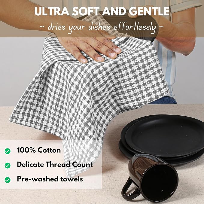 Native Fab 4 Pack Gingham Plaid Kitchen Towels 16"x26" - Image 2