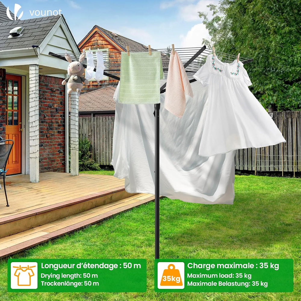VOUNOT® 50m 4 Arm Rotary Washing Line with Cover & Metal Ground Spike, He...