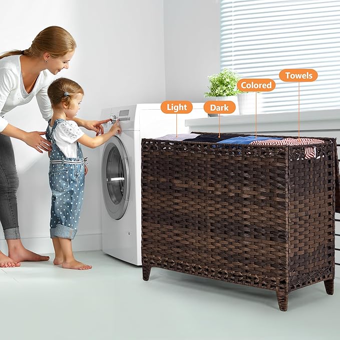Laundry Hamper with 4 Removable Liner Bags; 176L Handwoven Rattan Laundry - Image 2