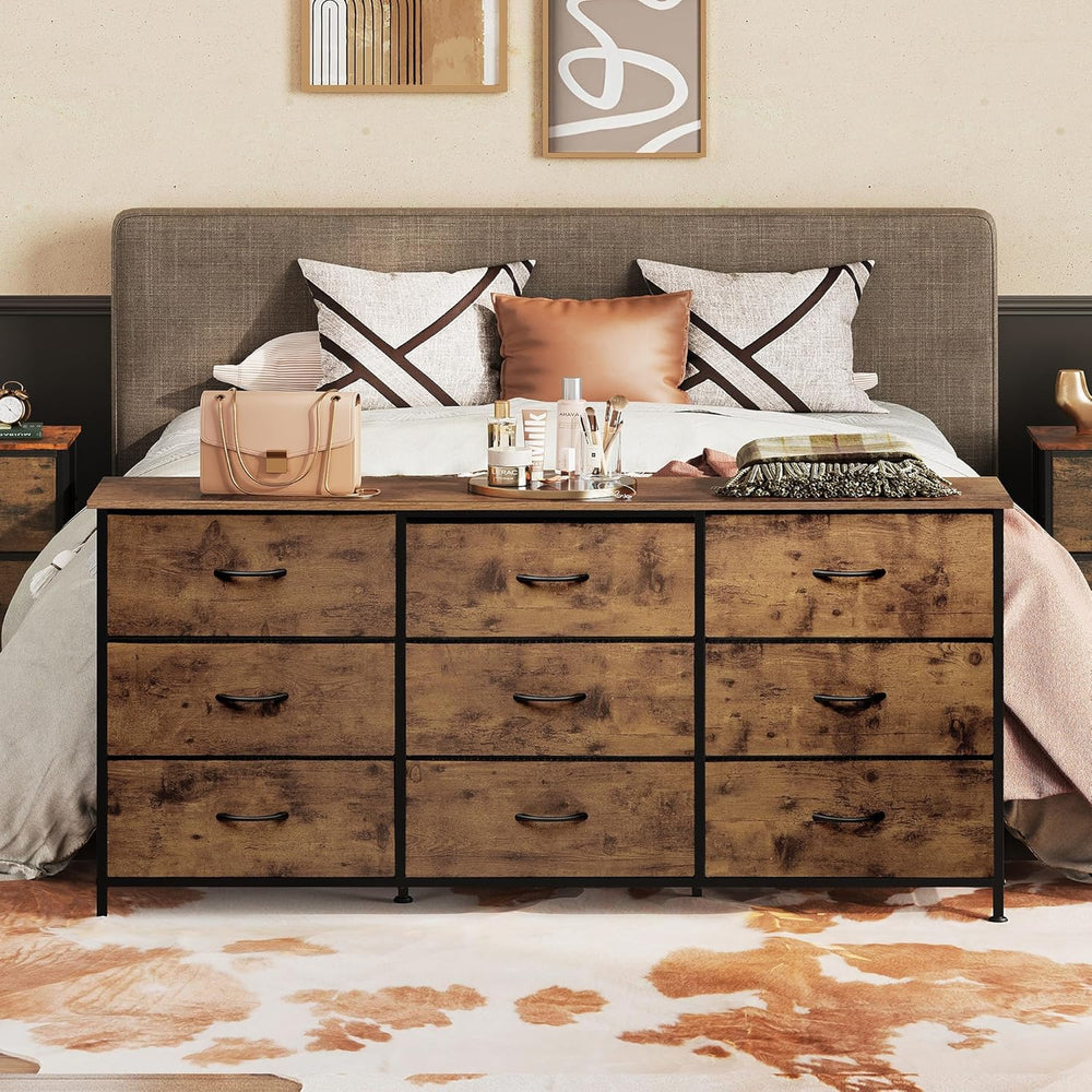 WLIVE Dresser TV Stand for 65 Inch TV, 9 Drawer Dresser, Rustic Brown