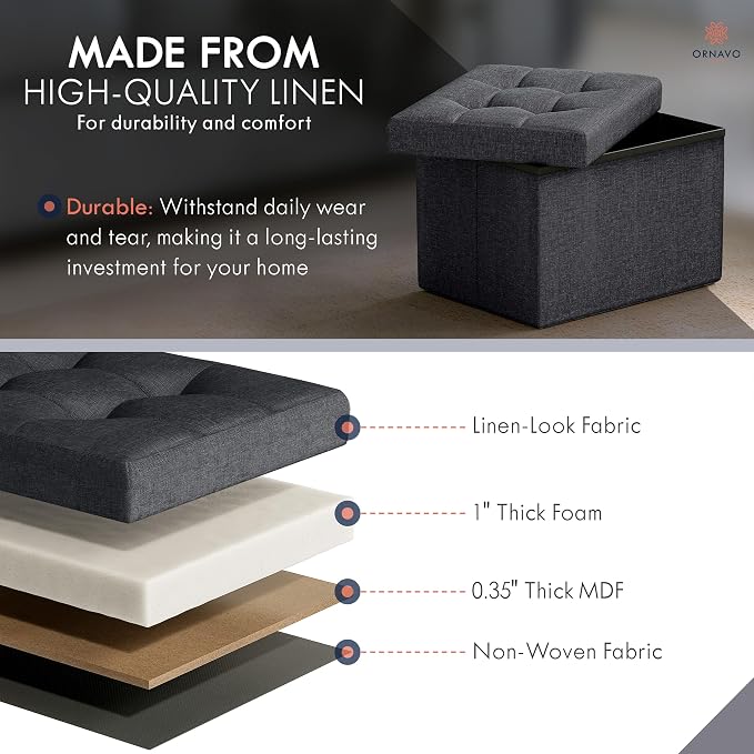Ornavo Home Small Storage Ottoman Foldable Collapsible Rectangle Linen Ottoman - Image 4