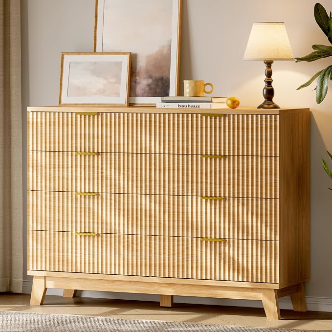 Fluted Dresser with 8 Drawers, Wooden Dresser TV Stand, Wood Closet Clothes - Image 3